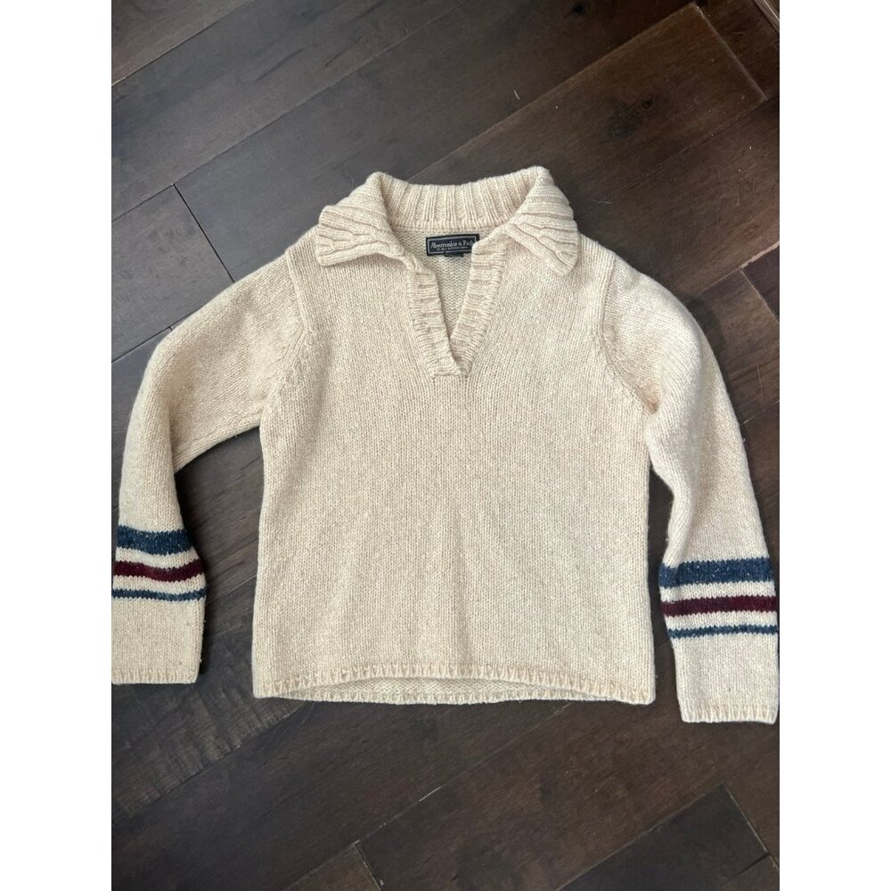 Abercrombie & Fitch Beige Sweater with Navy and Burgundy Stripes
